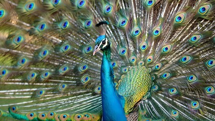 Obraz premium Majestic peacock displaying vibrant colorful feathers in full courtship display