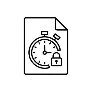 A vector graphic illustration of a document with a stopwatch and lock symbol, representing time management and security