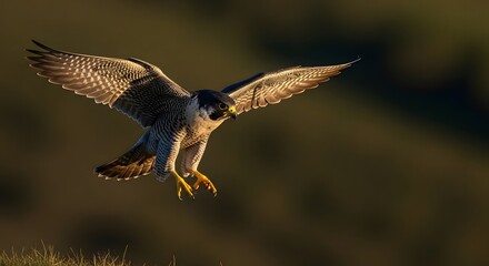 Fototapeta premium Peregrine falcon swooping down with wings spread wide in natural habitat