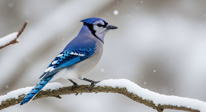 Vibrant blue jay perched on snowy branch in winter wonderland