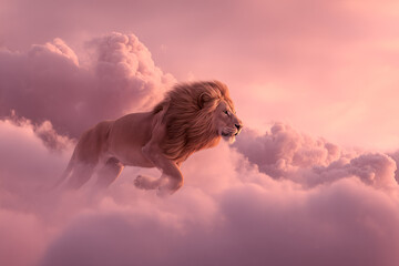 Obraz premium Majestic Lion Walking Through Dreamy Pink Clouds at Sunset