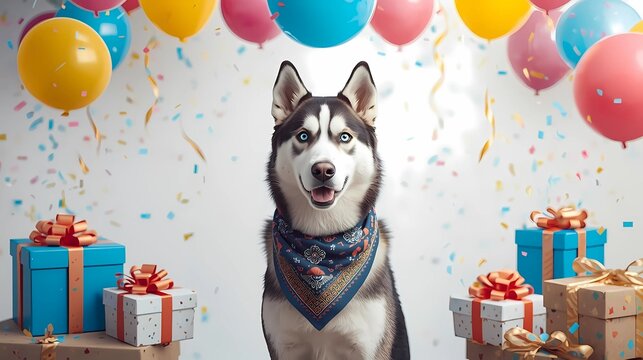 Happy Siberian Husky dog surrounded by colorful balloons and gift boxes celebrating a festive party occasion with confetti in the background