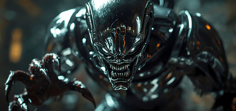 Close-up of a menacing alien creature with sharp teeth and glossy black exoskeleton in a dark sci-fi environment with dramatic lighting