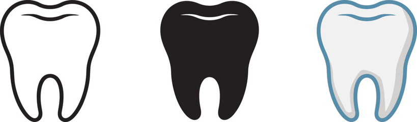 Obraz premium Dental tooth icons collection with line art solid black and realistic white medical illustrations