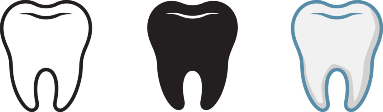 Dental tooth icons collection with line art solid black and realistic white medical illustrations