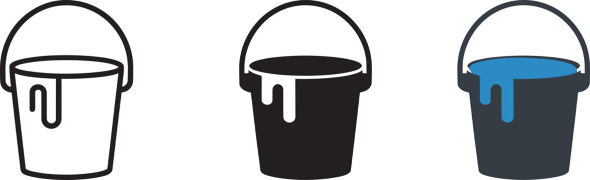 Paint bucket vector illustrations showing outline filled and blue liquid versions for renovation