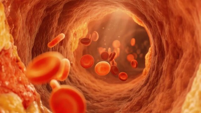 Red blood cells flowing through narrowed artery with fatty plaque buildup inside blood vessel lumen