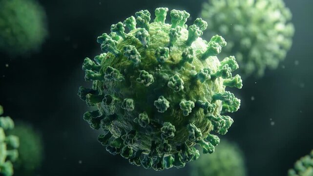 Coronavirus particle rotating and drifting in dark fluid environment with floating viral bodies in background