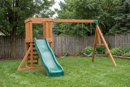 Wooden swing set with green slide in a residential backyard