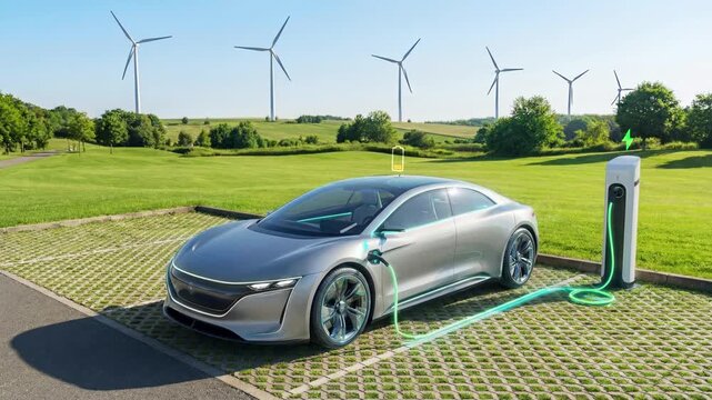 Futuristic Luxury Electric Sedan Vehicle Battery Charging Visualization
