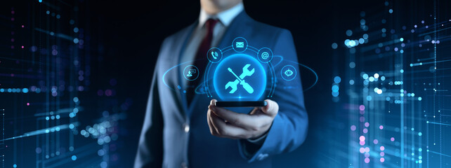 Plakat Businessman Holding smartphone with Technical Support Icons on Screen. Customer Service and Support concept