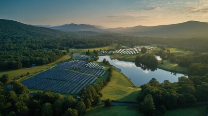 Solar farm with serene lake at sunrise