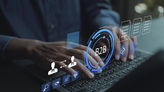 B2B concept. Person using laptop with business to business icons, corporate partnership, professional collaboration and strategic business networking.