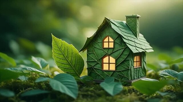 Enchanted Leaf House with Glowing Windows Surrounded by Large Leaves and Moss in a Sunlit Forest miniature house