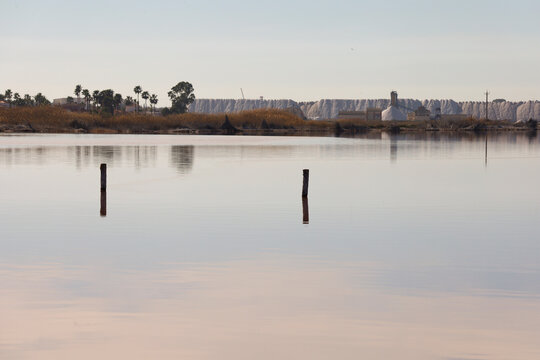 The Pink lake in Saltwater Lagoon in Parque Natural de las Salinas de Torrevieja