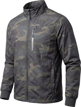 Water-resistant windbreaker with a subtle camo print and zippered chest pocket