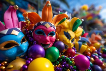 Colorful Clay Masks and Beads in a Whimsical Mardi Gras Parade Scene