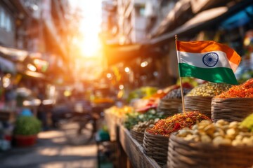 Vibrant Indian Market Displaying Spices and National Flag at Sunrise
