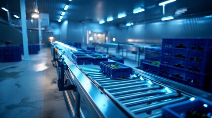 Obraz premium Nighttime Refrigerated Seafood Processing Plant Interior with Conveyor Belt