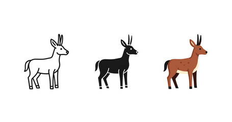 Naklejka premium Three stylized deer illustrations in black, white, and brown variations on white background