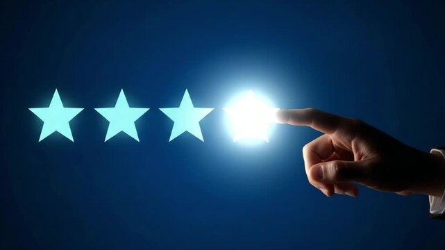Hand reaching for the fifth star in a glowing five-star rating system motion animated video 4k.