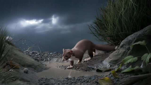 Weasel standing on rocky shore under stormy coastal sky