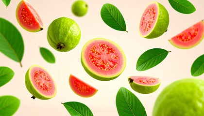Vibrant Pink Guavas and Green Leaves Floating