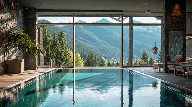 Luxury resort summer indoor pool mountain view lounge chairs relaxing atmosphere beautiful setting perfect escape