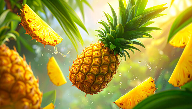 Vibrant Pineapples Floating in Tropical Paradise with Water Splashes