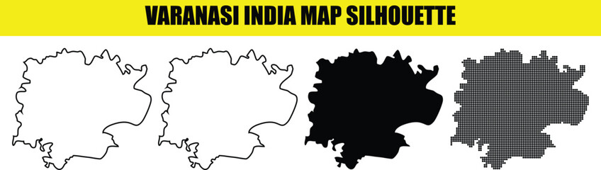 Varanasi India map silhouette collection featuring outlined filled and dotted geographic shapes on transparent background © Md Asif Shahnaoaz