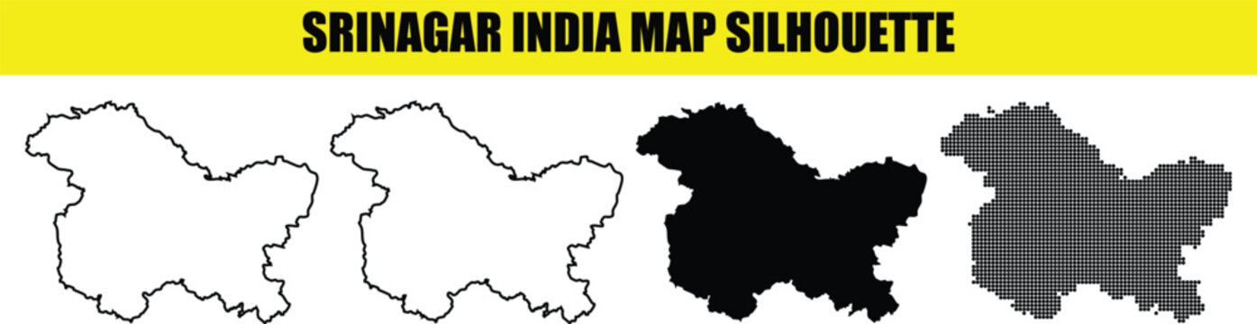 Srinagar india map silhouette featuring black solid shapes thin outlines and decorative dotted textures in vector format