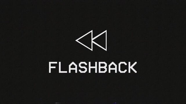 Flashback text and backward icon vintage VHS artifacts effect overlay, Glitches error from an old tape style