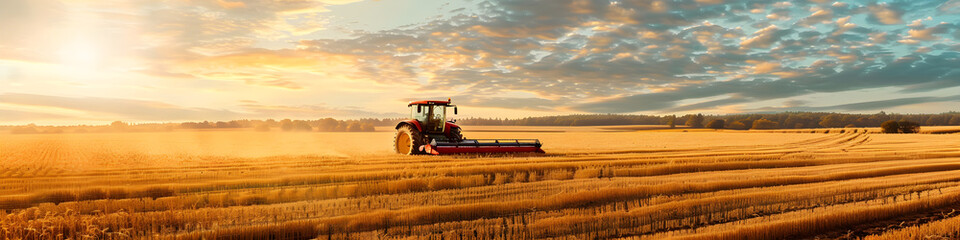 Obraz premium Red combine harvester harvesting wheat in a golden field at sunset. Panoramic agricultural landscape with copy space