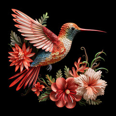 Obraz premium Vibrant hummingbird and red flowers artwork on black background - concept of nature illustration for art galleries and home décor
