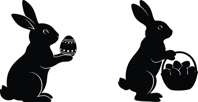 Easter bunny silhouettes holding egg and basket