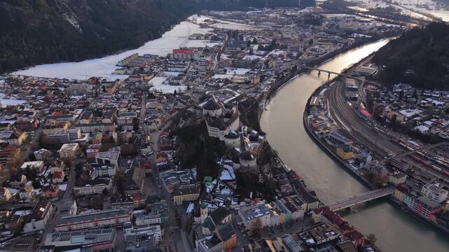 Kufstein Fortress from above. Aerial perspective of the Tyrolean town in winter. Festung Kufstein Luftaufnahme mit Panoramabahn Kaiser Maximilian. Winterstadt Oesterreich with snowy mountains.