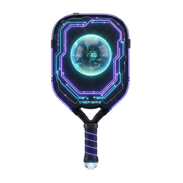 Futuristic pickleball paddle with glowing circuits and holographic sph