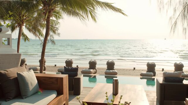Luxury resort summer beach lounge with wooden furniture and tropical palm trees by ocean shore creating relaxing vacation atmosphere