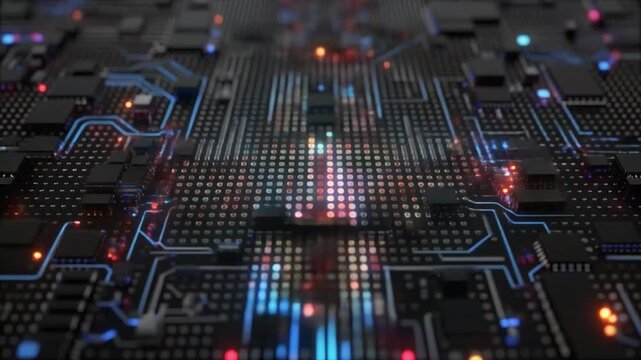 Futuristic circuit board with glowing blue and pink lights and intricate pathways technology computer