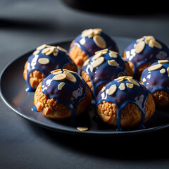 Blue Glaze Cream Puffs: Shiny Top and Almond Slivers
Azure Icicle Puffs: Cream Filling with Almond Garnish
Velvet Blue Cream Puffs: Glossy Glaze and Nutty Touch