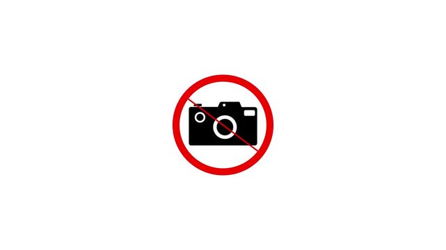 Animation of no use camera Sign for Privacy Zones and Restricted Areas. No camera area. No handphone area No photos on a fence. No photography allowed. Motion graphics of camera stop circle concept