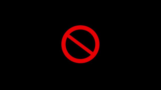 Warning, stop or no entry forbidden red circle on black background. Animation of delete, denied, ban or block icon. Motion graphics of stop circle concept