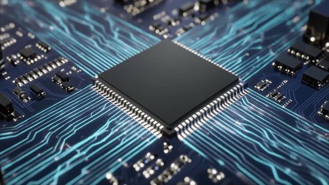 Close-up of a Central Processing Unit on a glowing blue circuit board with intricate pathways processor
