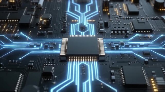 Detailed view of a central processor on a dark circuit board with bright blue glowing circuit lines