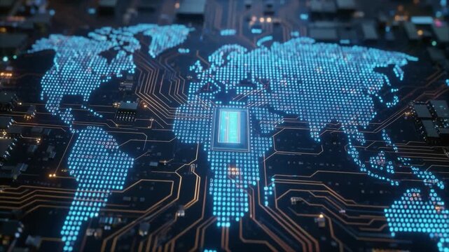 World map on a circuit board with a central glowing processor and orange digital pathways digital map