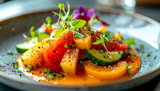 Fresh spring crudites with romesco sauce, gourmet appetizer. Tasty food. Delicious snack.