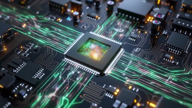 Close-up of a central processor chip on a black circuit board with vibrant green glowing data streams flowing through its intricate pathways