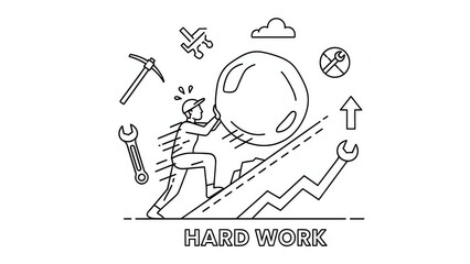 Fototapeta premium Hard Work Concept: Man Pushing Boulder Uphill with Tools and Growth Chart