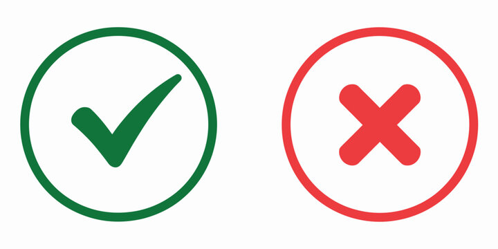 Right and wrong vector icon set, flat rounded check mark, cross, X mark, circle thin line tick symbols, approval and disapproval icons for ranking, scoring, validation, decision making, form 