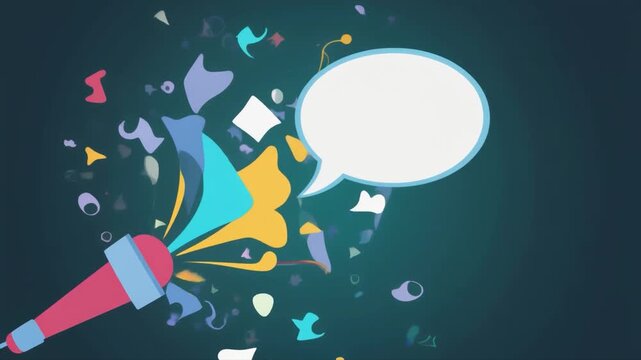 Microphone exploding into fragmented shapes and a speech bubble against a dark teal background explosion